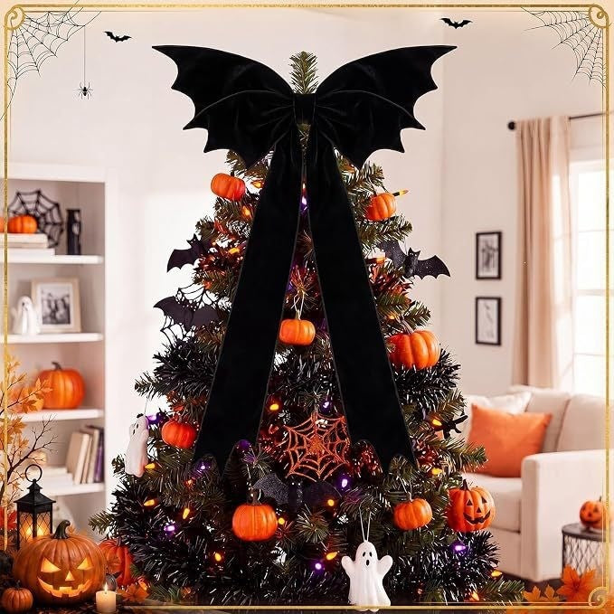 Extra Large Halloween Black Velvet Bat Bow, Gothic Tree Topper, Haunted House Party Decoration, 45" Long x 27" Wide
