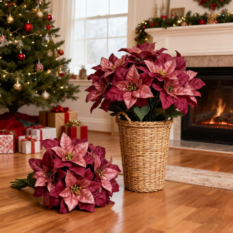 Artificial Poinsettia Christmas Bush, 13" Height, 7 Blooms, Silk Flowers for Holiday Decor, Home, Office, Wedding