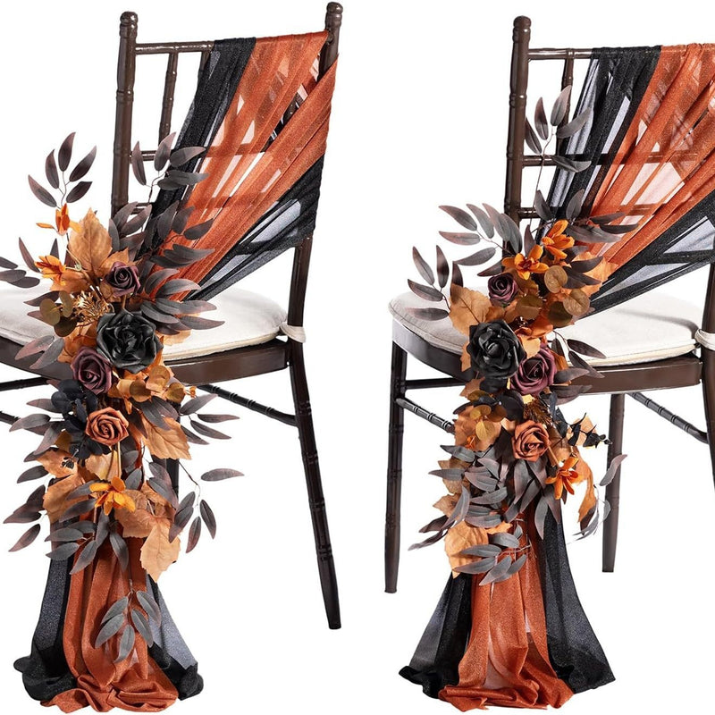 Artificial Chair Back Flower Garland with Chiffon Drapery for Weddings, Outdoor Events, 24" Long, Set of 1 Flower Garland and 2 Chiffon Panels