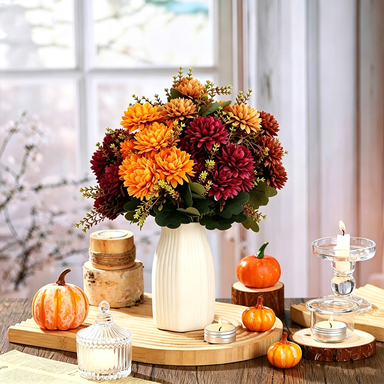 Artificial Silk Chrysanthemum Bush, Set of 8 Stems with 48 Blooms, 15" Fall Flowers for Wedding Centerpieces & Home Decor, Allergy-Friendly Faux Florals