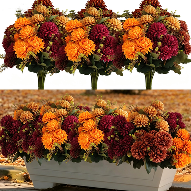 Artificial Silk Chrysanthemum Bush, Set of 8 Stems with 48 Blooms, 15" Fall Flowers for Wedding Centerpieces & Home Decor, Allergy-Friendly Faux Florals