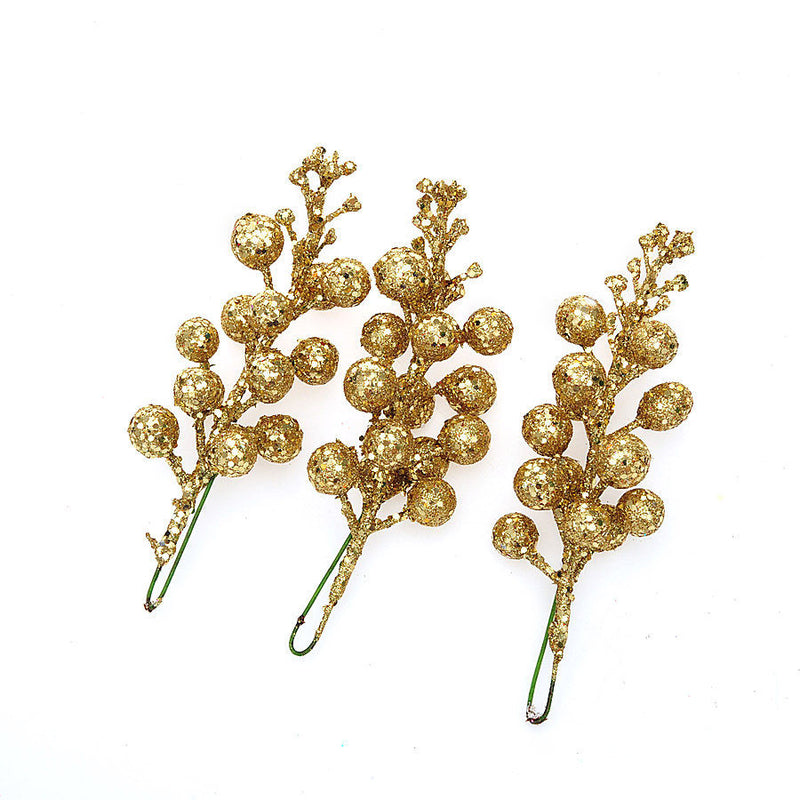 Artificial Cherry Branches with Gold Accents, 8" Long, Set of 3, Seasonal Holiday Decor for Christmas, DIY Arrangements, Home Styling