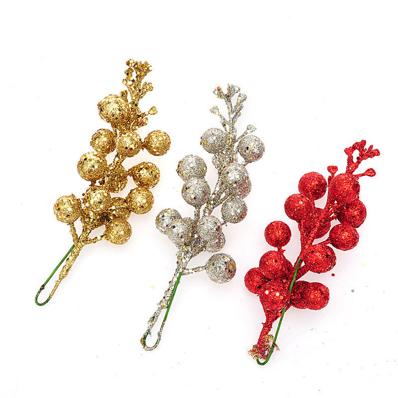 Artificial Cherry Branches with Gold Accents, 8" Long, Set of 3, Seasonal Holiday Decor for Christmas, DIY Arrangements, Home Styling