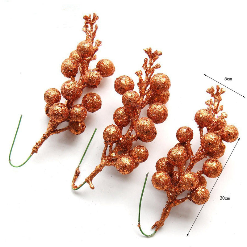 Artificial Cherry Branches with Gold Accents, 8" Long, Set of 3, Seasonal Holiday Decor for Christmas, DIY Arrangements, Home Styling