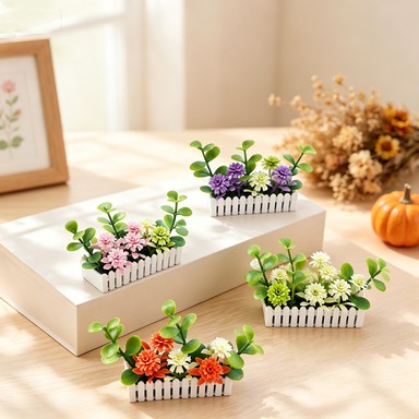 Mini White Fence Artificial Flower Bush, Dollhouse Decor, Terrarium Accent, 2.5" Long, 1" Wide, 0.5" High, Plastic, Includes Planter