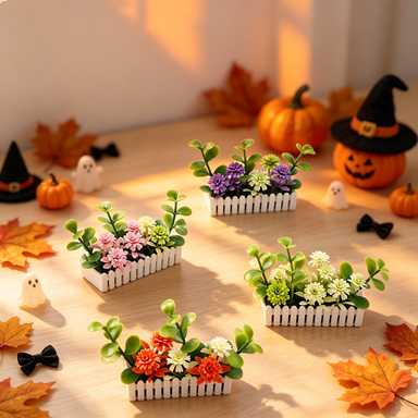 Mini White Fence Artificial Flower Bush, Dollhouse Decor, Terrarium Accent, 2.5" Long, 1" Wide, 0.5" High, Plastic, Includes Planter
