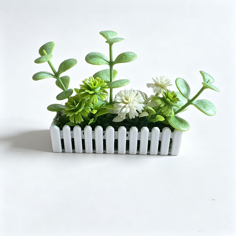 Mini White Fence Artificial Flower Bush, Dollhouse Decor, Terrarium Accent, 2.5" Long, 1" Wide, 0.5" High, Plastic, Includes Planter