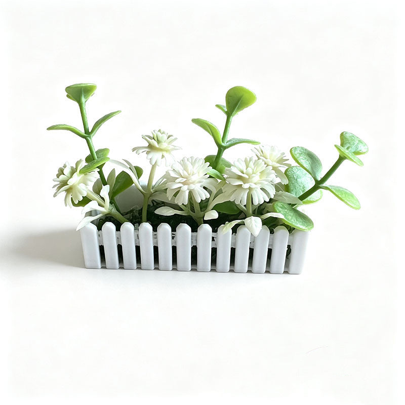Mini White Fence Artificial Flower Bush, Dollhouse Decor, Terrarium Accent, 2.5" Long, 1" Wide, 0.5" High, Plastic, Includes Planter