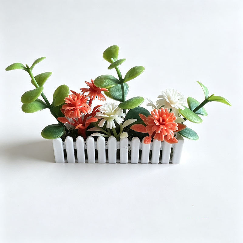 Mini White Fence Artificial Flower Bush, Dollhouse Decor, Terrarium Accent, 2.5" Long, 1" Wide, 0.5" High, Plastic, Includes Planter