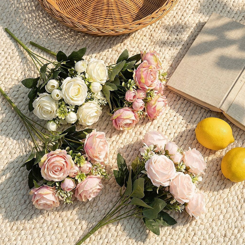 Artificial Sweetheart Rose Bush, 13" Tall with 7 Blooms, Realistic Wedding Floral Arrangement, DIY Bridal Bouquet, Home & Event Decor