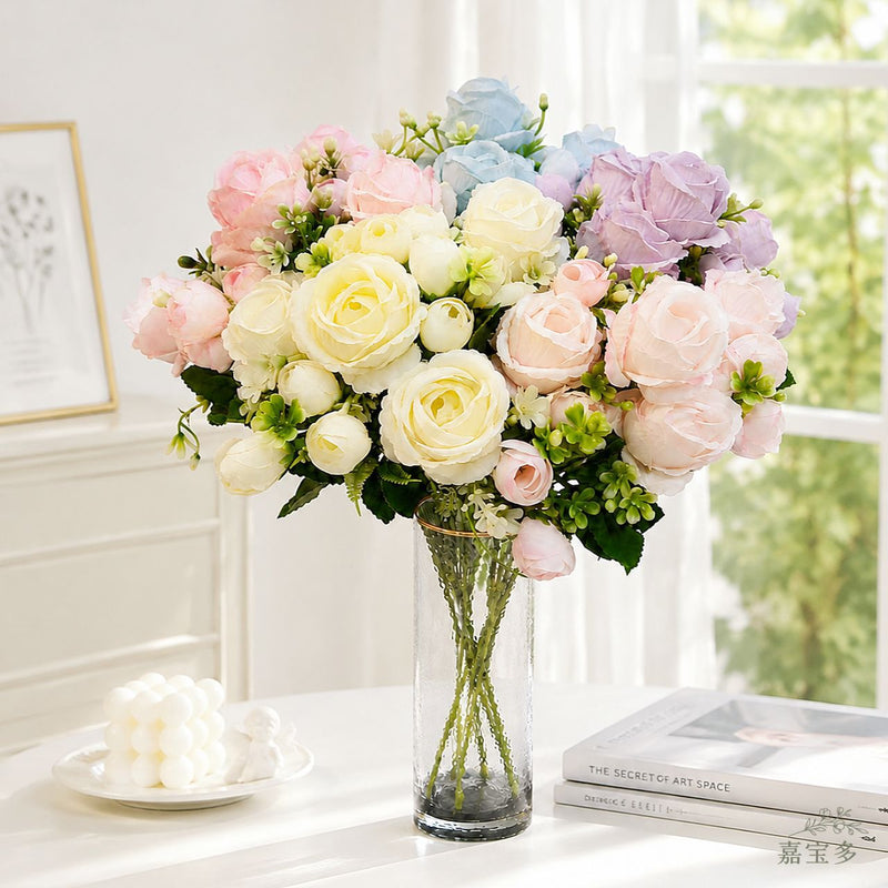 Artificial Sweetheart Rose Bush, 13" Tall with 7 Blooms, Realistic Wedding Floral Arrangement, DIY Bridal Bouquet, Home & Event Decor
