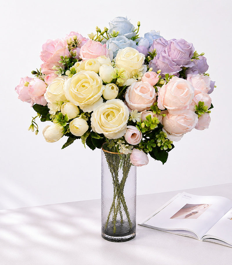 Artificial Sweetheart Rose Bush, 13" Tall with 7 Blooms, Realistic Wedding Floral Arrangement, DIY Bridal Bouquet, Home & Event Decor