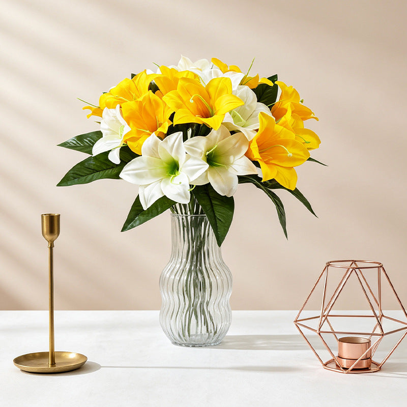 Artificial Lily Bush with 5 Blooms, Silk Flowers for Home Decor, Wedding Centerpieces, and Office Styling, 13" Tall