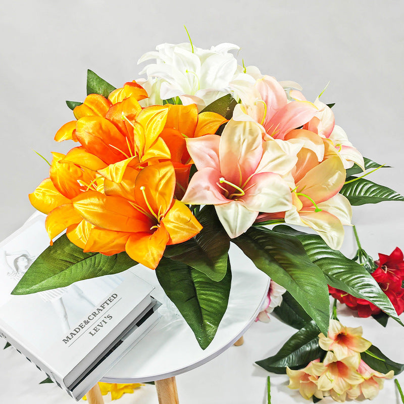 Artificial Lily Bush with 5 Blooms, Silk Flowers for Home Decor, Wedding Centerpieces, and Office Styling, 13" Tall