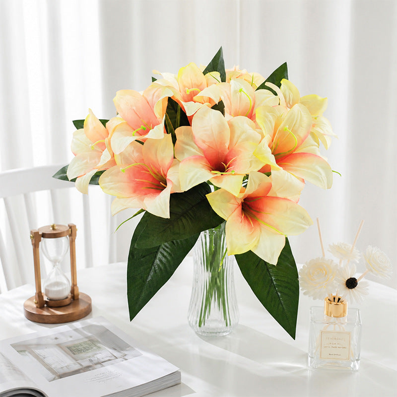 Artificial Lily Bush with 5 Blooms, Silk Flowers for Home Decor, Wedding Centerpieces, and Office Styling, 13" Tall
