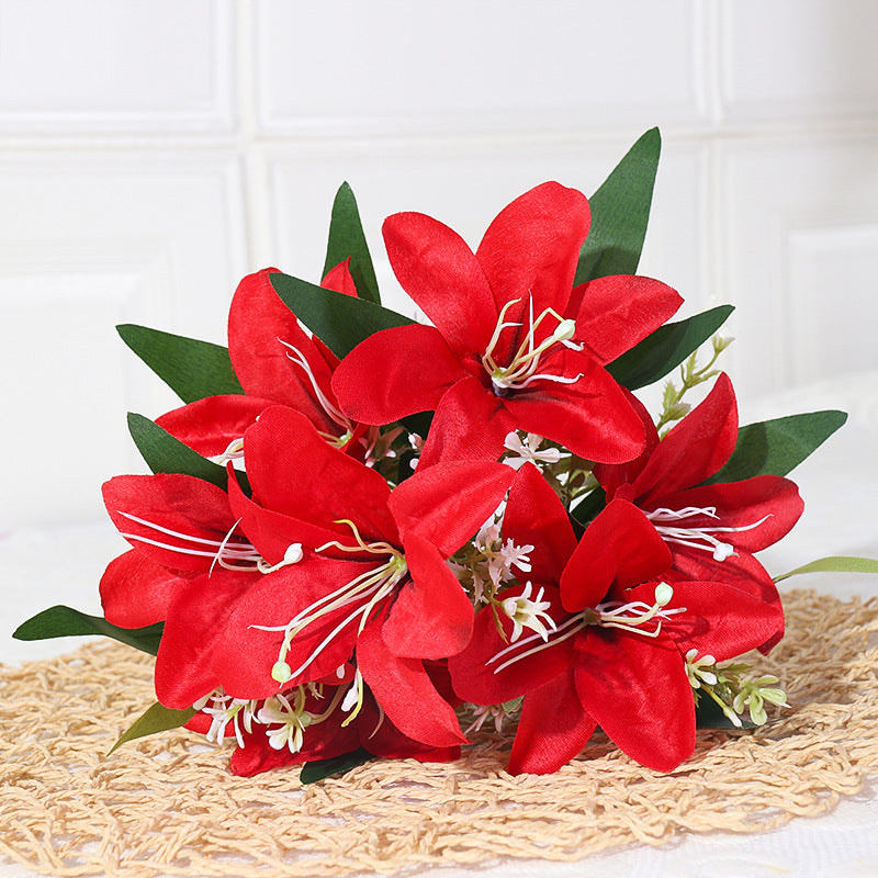Artificial Silk Lily Bush, 7 Blooms, 14" Height, Perfect for Weddings, Home Decor, and DIY Projects