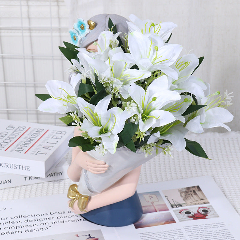 Artificial Silk Lily Bush, 7 Blooms, 14" Height, Perfect for Weddings, Home Decor, and DIY Projects