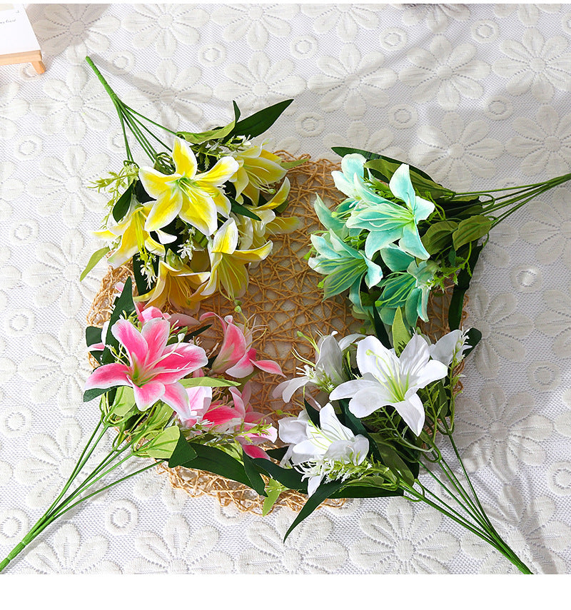 Artificial Silk Lily Bush, 7 Blooms, 14" Height, Perfect for Weddings, Home Decor, and DIY Projects