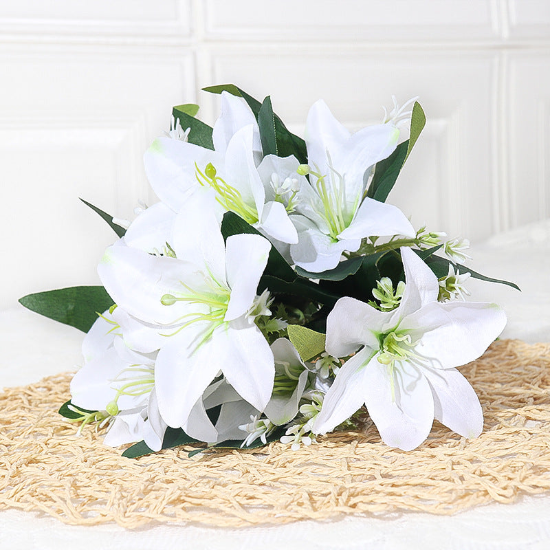 Artificial Silk Lily Bush, 7 Blooms, 14" Height, Perfect for Weddings, Home Decor, and DIY Projects