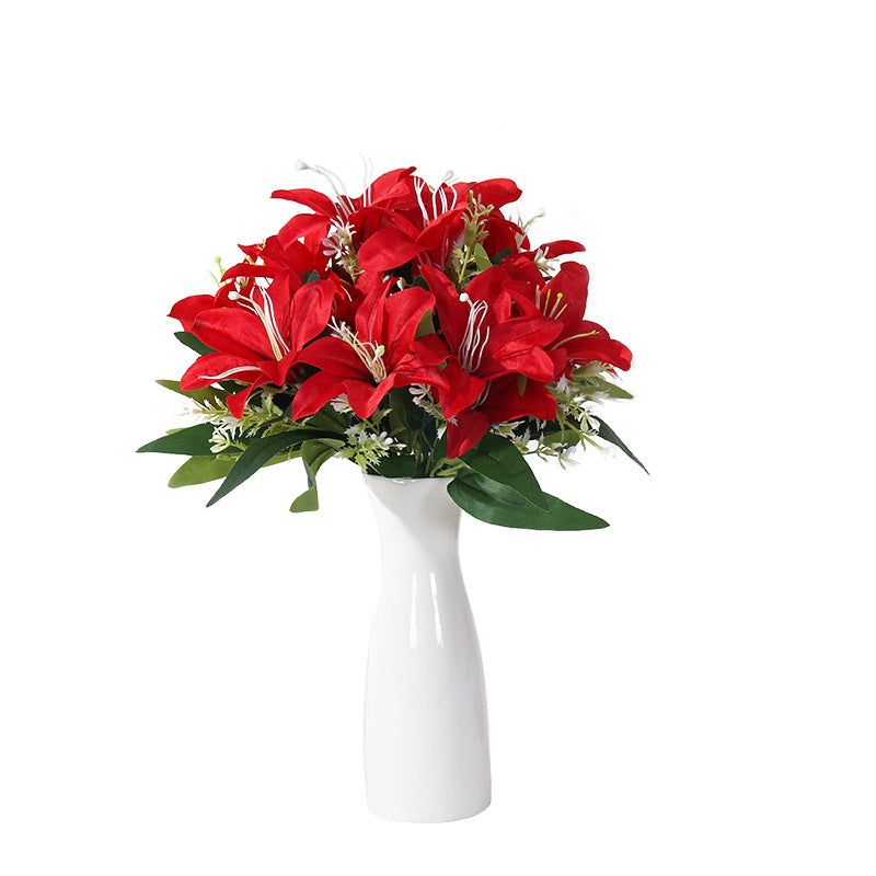 Artificial Silk Lily Bush, 7 Blooms, 14" Height, Perfect for Weddings, Home Decor, and DIY Projects