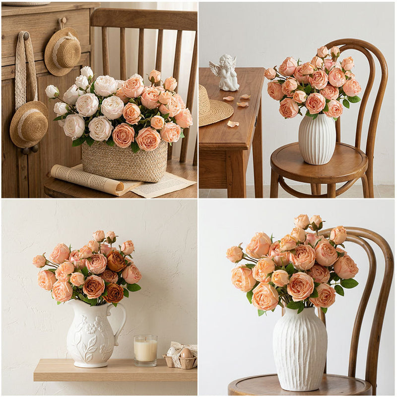 Artificial Empress Rose Bush, 3 Blooms, 21" Tall, Silk Flowers for Home Decor, Weddings, and Events