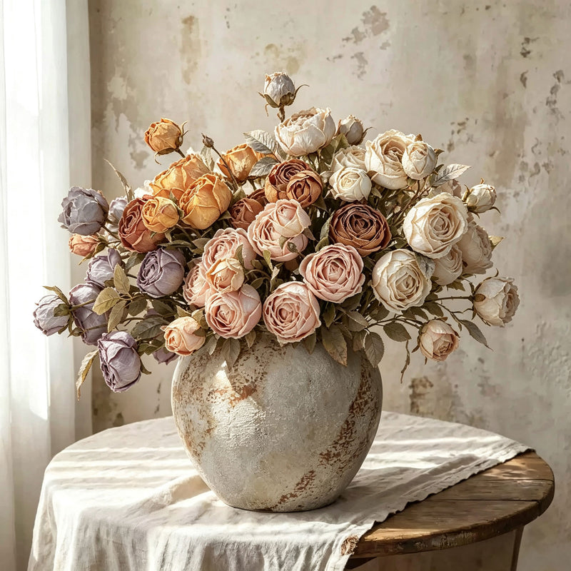 Artificial Empress Rose Bush, 3 Blooms, 21" Tall, Silk Flowers for Home Decor, Weddings, and Events