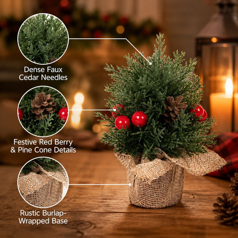 Mini Christmas Tree Decorations with Pine Cones, Set of 3 Sizes: 6", 8", 10", Perfect for Home, Office, and Holiday Party Decor