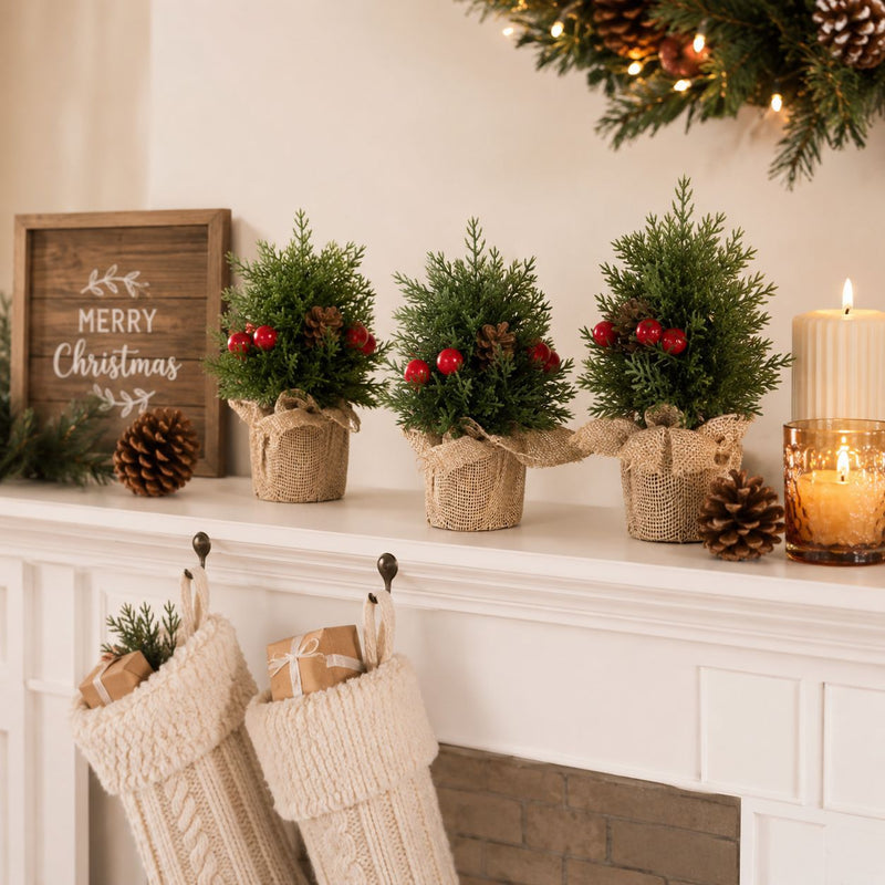 Mini Christmas Tree Decorations with Pine Cones, Set of 3 Sizes: 6", 8", 10", Perfect for Home, Office, and Holiday Party Decor