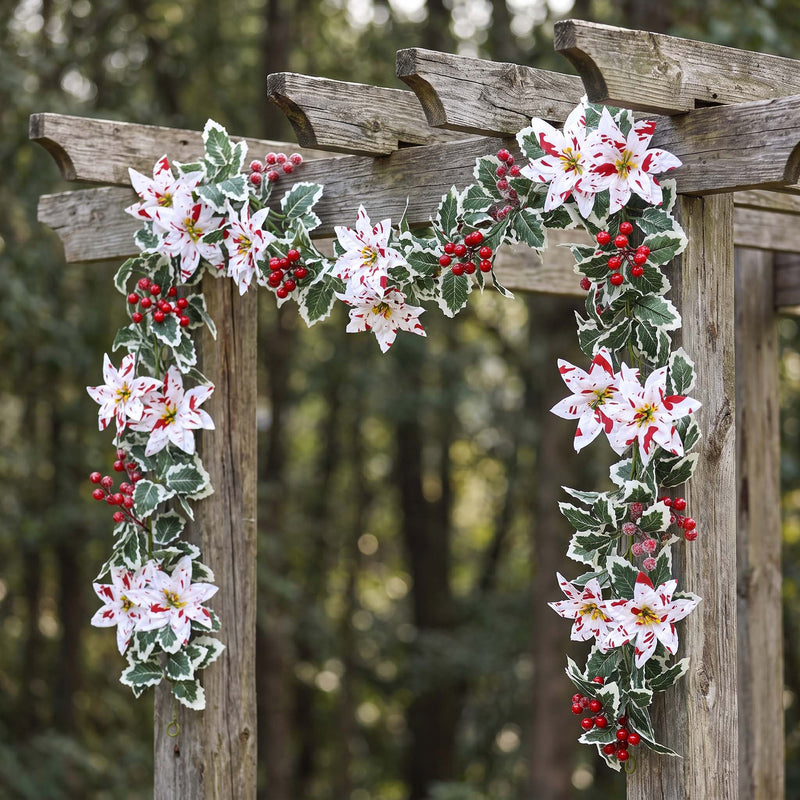Festive Poinsettia Berry Garland Vine, 69" Long, Red & White Holiday Decoration for Home, Party, and Seasonal Decor