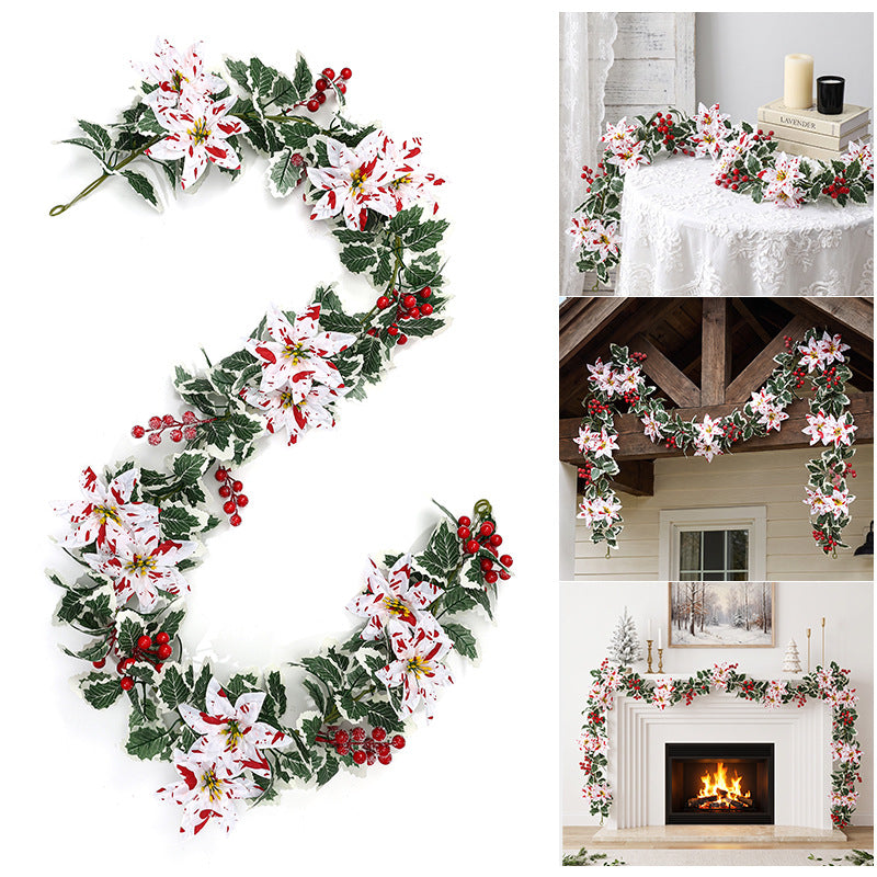 Festive Poinsettia Berry Garland Vine, 69" Long, Red & White Holiday Decoration for Home, Party, and Seasonal Decor