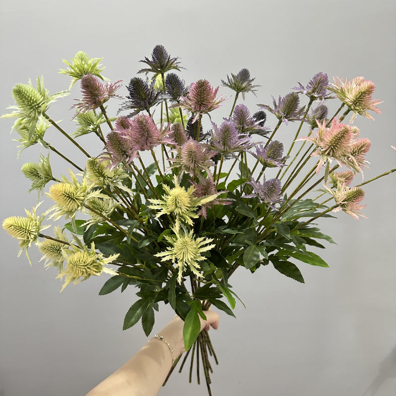 Artificial Eryngium Bush, 24" Tall, Modern Style Plastic Flowers for Weddings & Home Decor, Allergy & Pet Safe