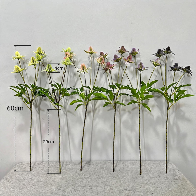 Artificial Eryngium Bush, 24" Tall, Modern Style Plastic Flowers for Weddings & Home Decor, Allergy & Pet Safe