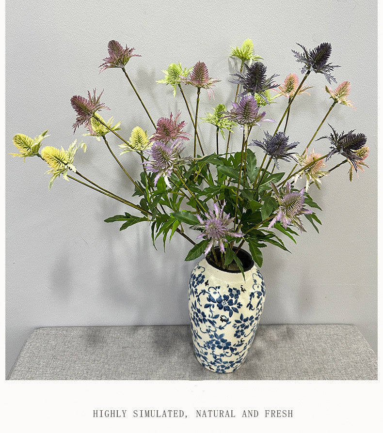 Artificial Eryngium Bush, 24" Tall, Modern Style Plastic Flowers for Weddings & Home Decor, Allergy & Pet Safe