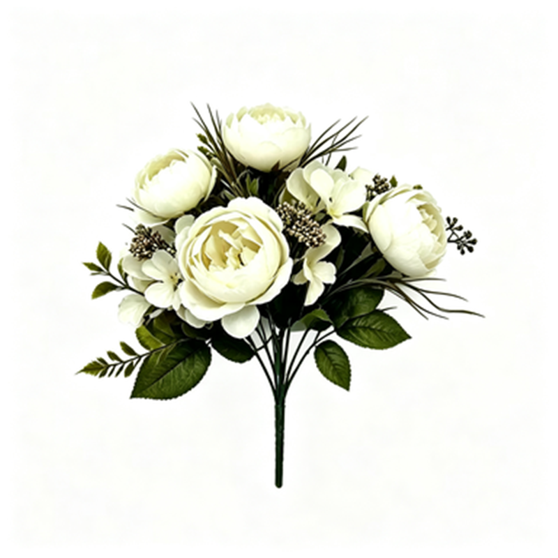 Artificial Peony Rose Bush, 12" Tall, Vintage Style Bouquet of 6 Blooms for Weddings, Restaurants & Events