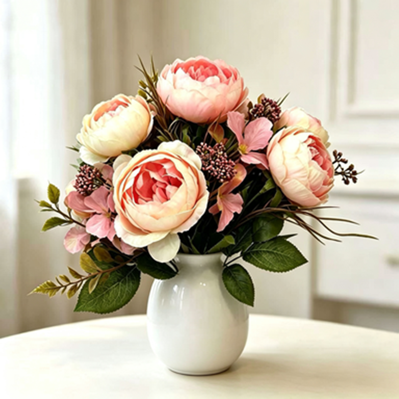 Artificial Peony Rose Bush, 12" Tall, Vintage Style Bouquet of 6 Blooms for Weddings, Restaurants & Events