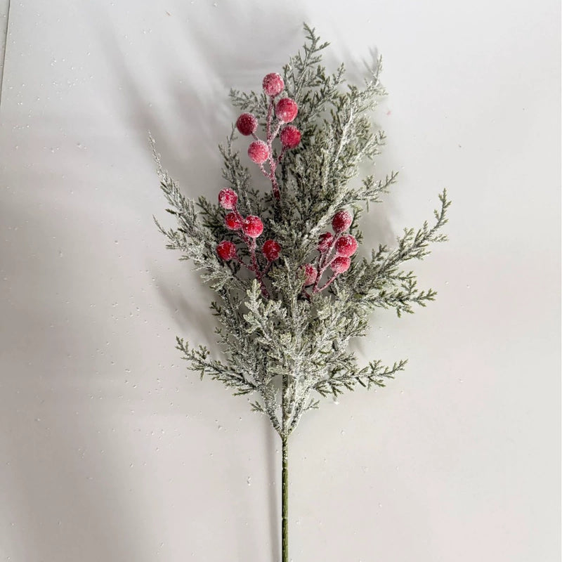 Artificial Pine Sprig with Red Berries, 20" Faux Greenery Stem for Christmas Decor, Winter Centerpieces, Holiday Table Arrangements