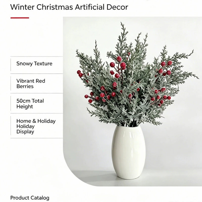 Artificial Pine Sprig with Red Berries, 20" Faux Greenery Stem for Christmas Decor, Winter Centerpieces, Holiday Table Arrangements
