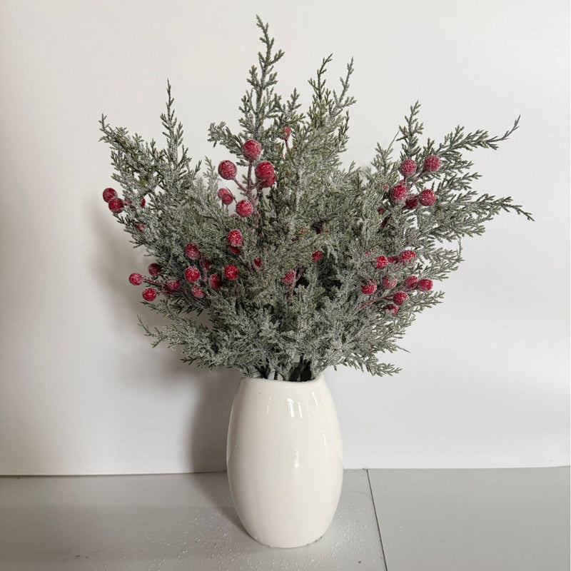 Artificial Pine Sprig with Red Berries, 20" Faux Greenery Stem for Christmas Decor, Winter Centerpieces, Holiday Table Arrangements