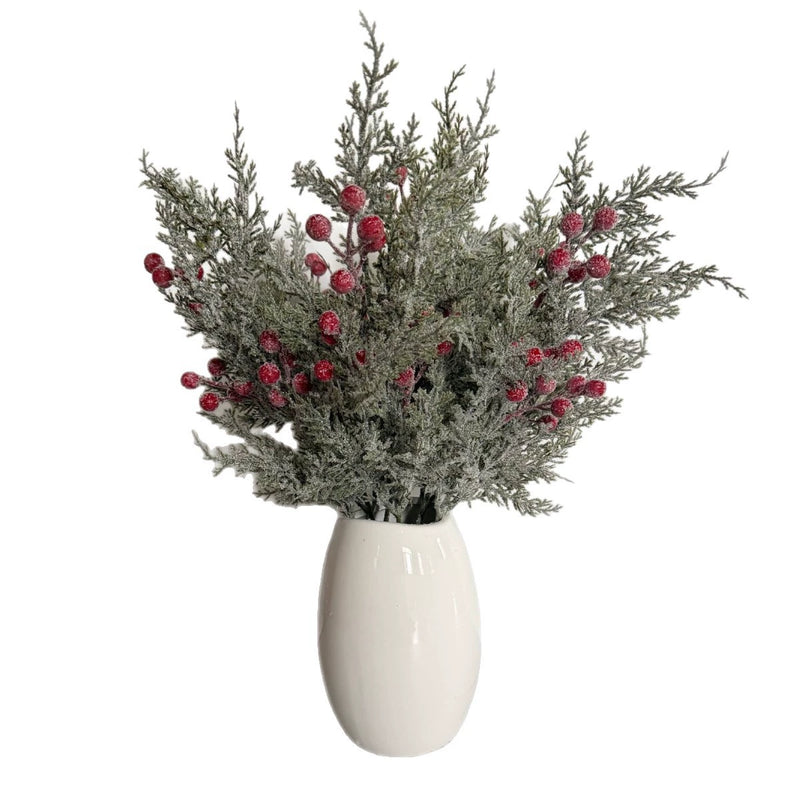 Artificial Pine Sprig with Red Berries, 20" Faux Greenery Stem for Christmas Decor, Winter Centerpieces, Holiday Table Arrangements