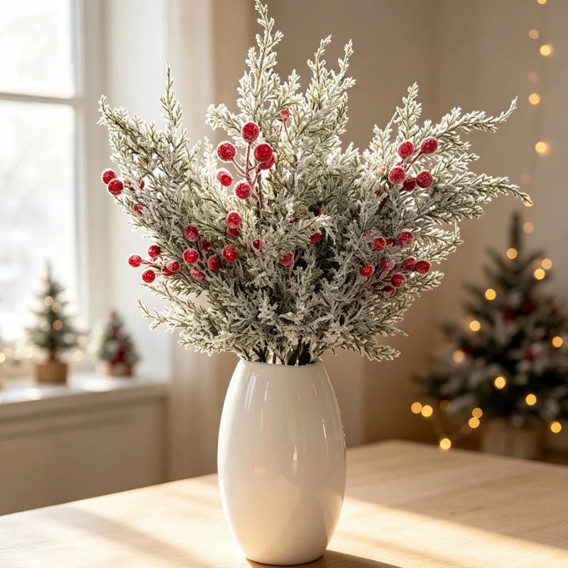 Artificial Pine Sprig with Red Berries, 20" Faux Greenery Stem for Christmas Decor, Winter Centerpieces, Holiday Table Arrangements