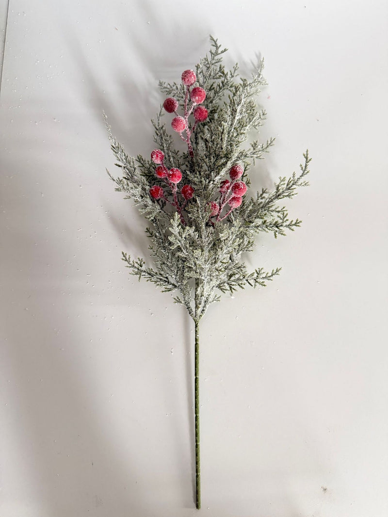 Artificial Pine Sprig with Red Berries, 20" Faux Greenery Stem for Christmas Decor, Winter Centerpieces, Holiday Table Arrangements