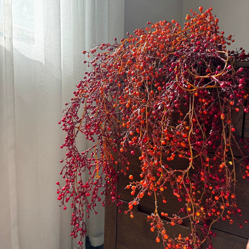 54" Long Hanging Artificial Berries Branch, Red & Orange, Indoor Holiday Decor, Hotel Display, Festive Centerpiece