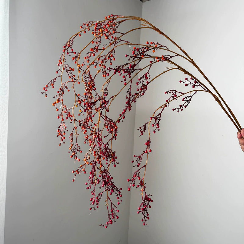54" Long Hanging Artificial Berries Branch, Red & Orange, Indoor Holiday Decor, Hotel Display, Festive Centerpiece
