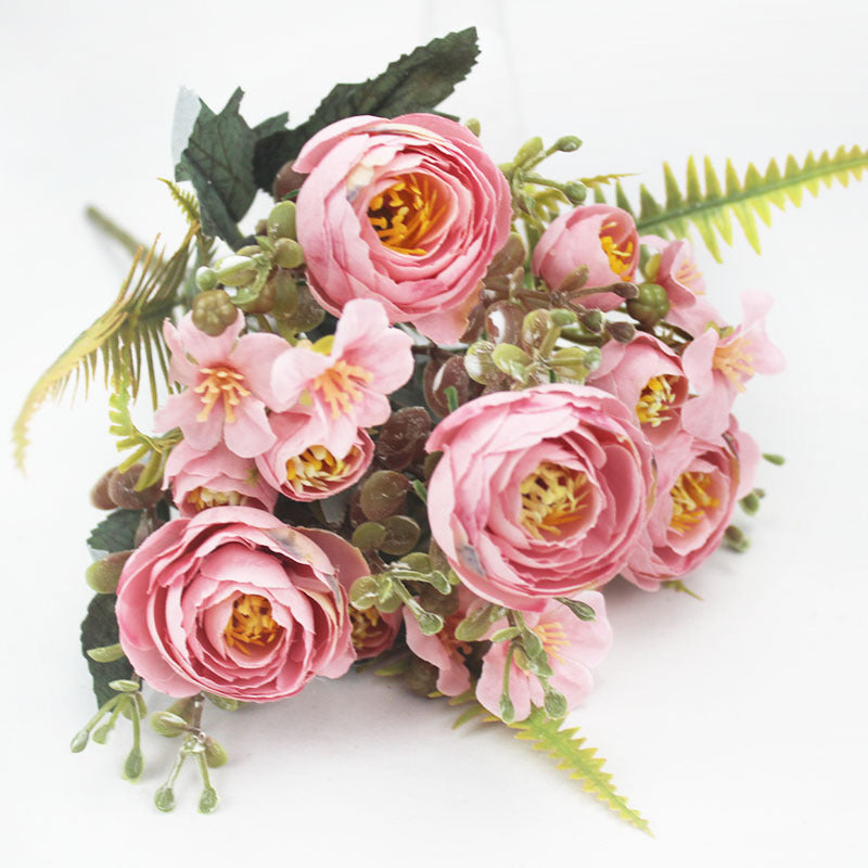 Artificial Camellia Rose Bush, 12" Silk Flower Arrangement, 16 Blooms for Wedding Centerpieces & Home Decor