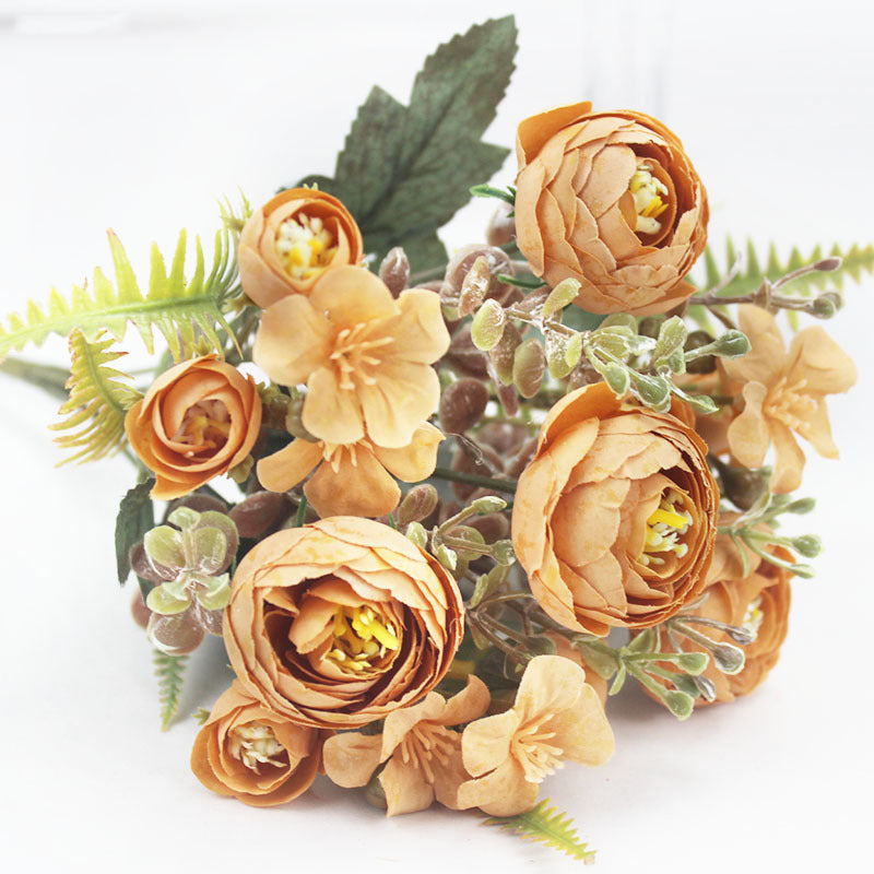 Artificial Camellia Rose Bush, 12" Silk Flower Arrangement, 16 Blooms for Wedding Centerpieces & Home Decor