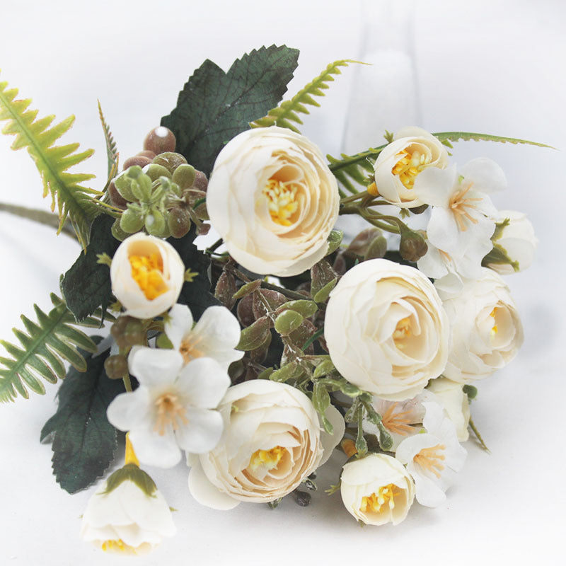 Artificial Camellia Rose Bush, 12" Silk Flower Arrangement, 16 Blooms for Wedding Centerpieces & Home Decor