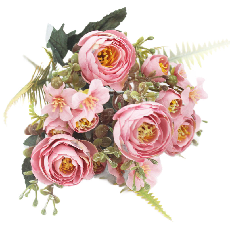 Artificial Camellia Rose Bush, 12" Silk Flower Arrangement, 16 Blooms for Wedding Centerpieces & Home Decor