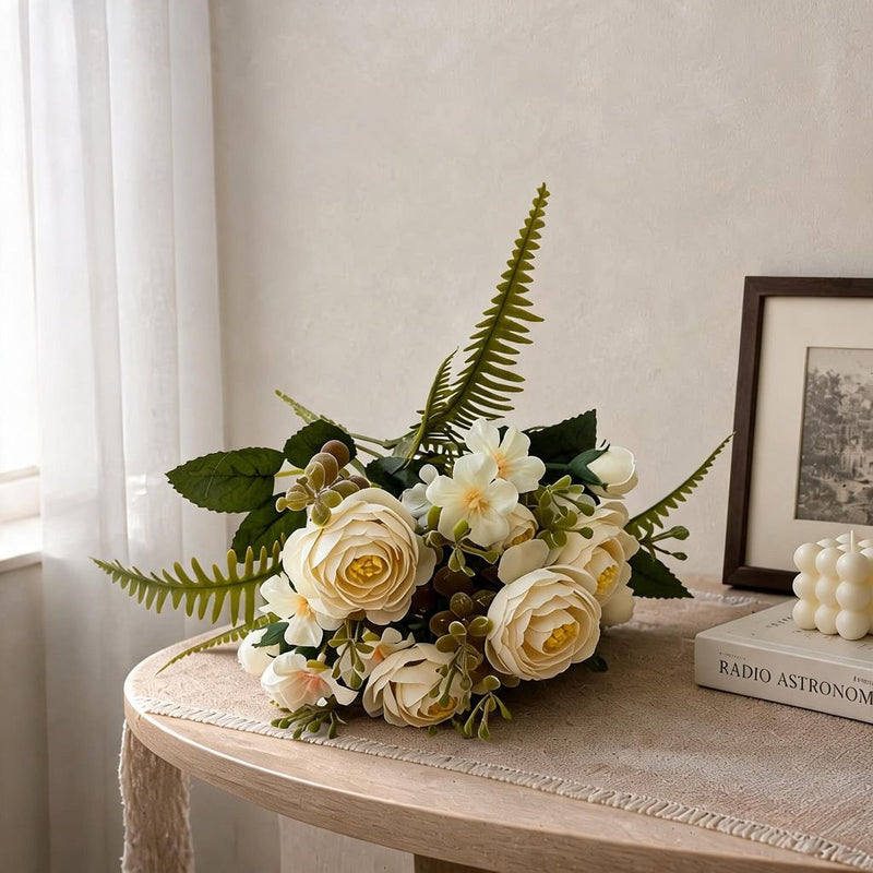 Artificial Camellia Rose Bush, 12" Silk Flower Arrangement, 16 Blooms for Wedding Centerpieces & Home Decor