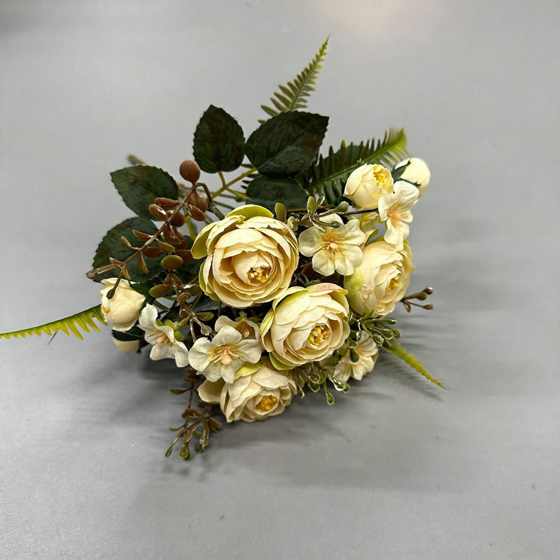 Artificial Camellia Rose Bush, 12" Silk Flower Arrangement, 16 Blooms for Wedding Centerpieces & Home Decor