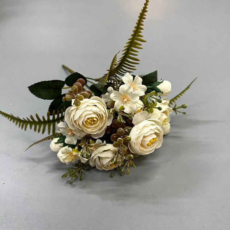 Artificial Camellia Rose Bush, 12" Silk Flower Arrangement, 16 Blooms for Wedding Centerpieces & Home Decor
